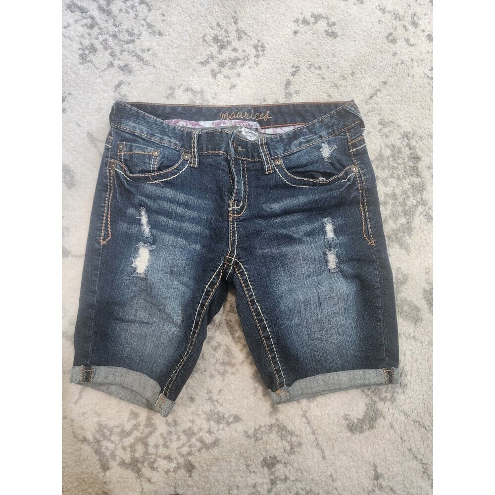 Maurices Womens 9/10 Bermuda Denim Shorts Mid Wash Distressed Cuffed 100% Cotton